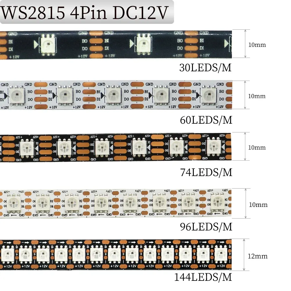 Bandes LED programmables 1 à 5 m, 144 LED/m, WS2812B, WS2813, WS2815, RVB 5050, rubans LED à défilement de couleurs, 5 à 12 V CC 9