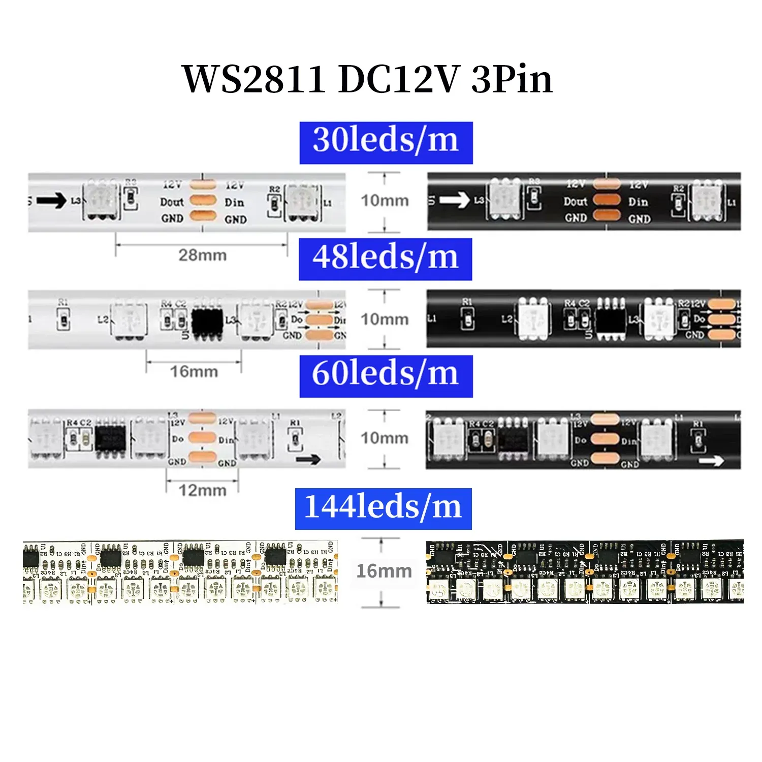 Bandes LED programmables 1 à 5 m, 144 LED/m, WS2812B, WS2813, WS2815, RVB 5050, rubans LED à défilement de couleurs, 5 à 12 V CC 10