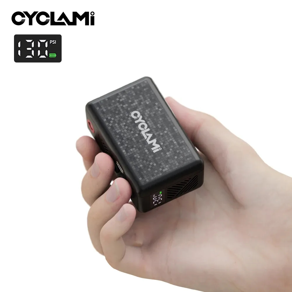 Pompe à air automatique portable 130 PSI CYCLAMI AM6 avec affichage de la pression, gonfleur électrique de poche pour pneus de VTT et vélo de route, valve Presta et Schrader (FV/AV)