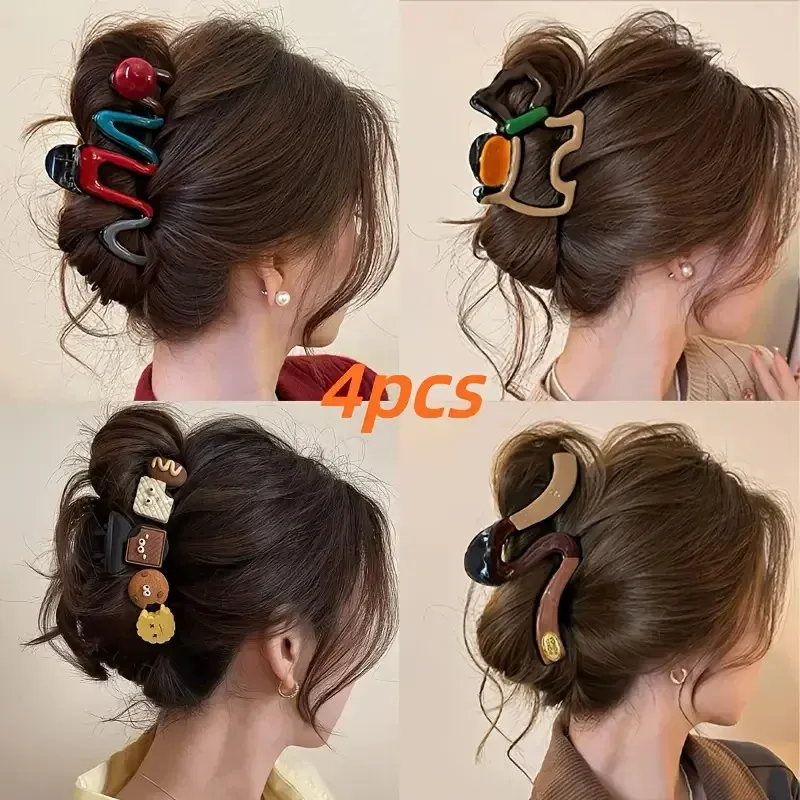 Grandes pinces à cheveux élégantes pour femmes, lot de 4, design ondulé chic aux accents colorés, pinces requin antidérapantes, accessoires pour cheveux