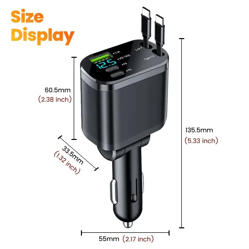 Adaptateur de chargeur de voiture 150 W 5 en 1, charge rapide USB-C avec câbles rétractables USB-C, Lightning et Micro-USB pour iPhone, Huawei et Samsung 3