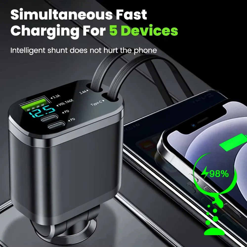Adaptateur de chargeur de voiture 150 W 5 en 1, charge rapide USB-C avec câbles rétractables USB-C, Lightning et Micro-USB pour iPhone, Huawei et Samsung