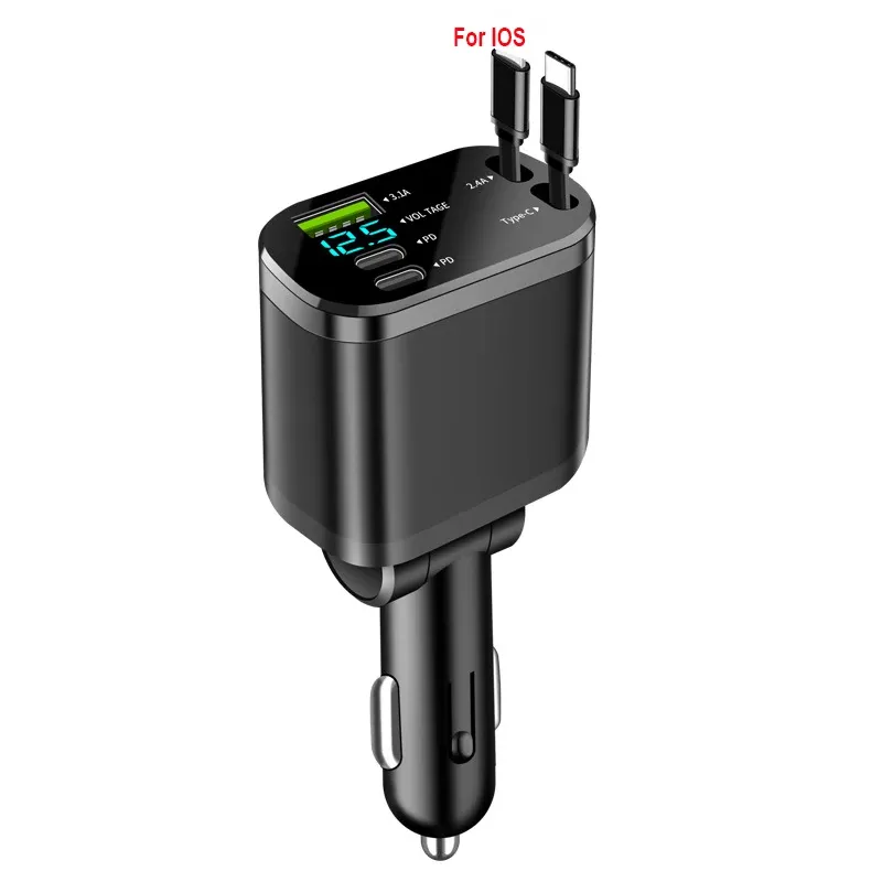 Adaptateur de chargeur de voiture 150 W 5 en 1, charge rapide USB-C avec câbles rétractables USB-C, Lightning et Micro-USB pour iPhone, Huawei et Samsung 8