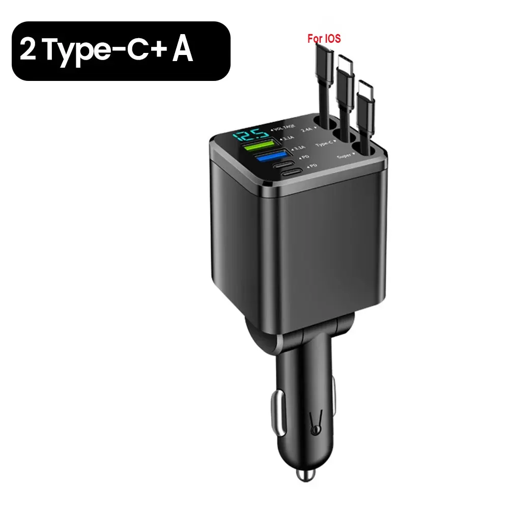 Adaptateur de chargeur de voiture 150 W 5 en 1, charge rapide USB-C avec câbles rétractables USB-C, Lightning et Micro-USB pour iPhone, Huawei et Samsung 10
