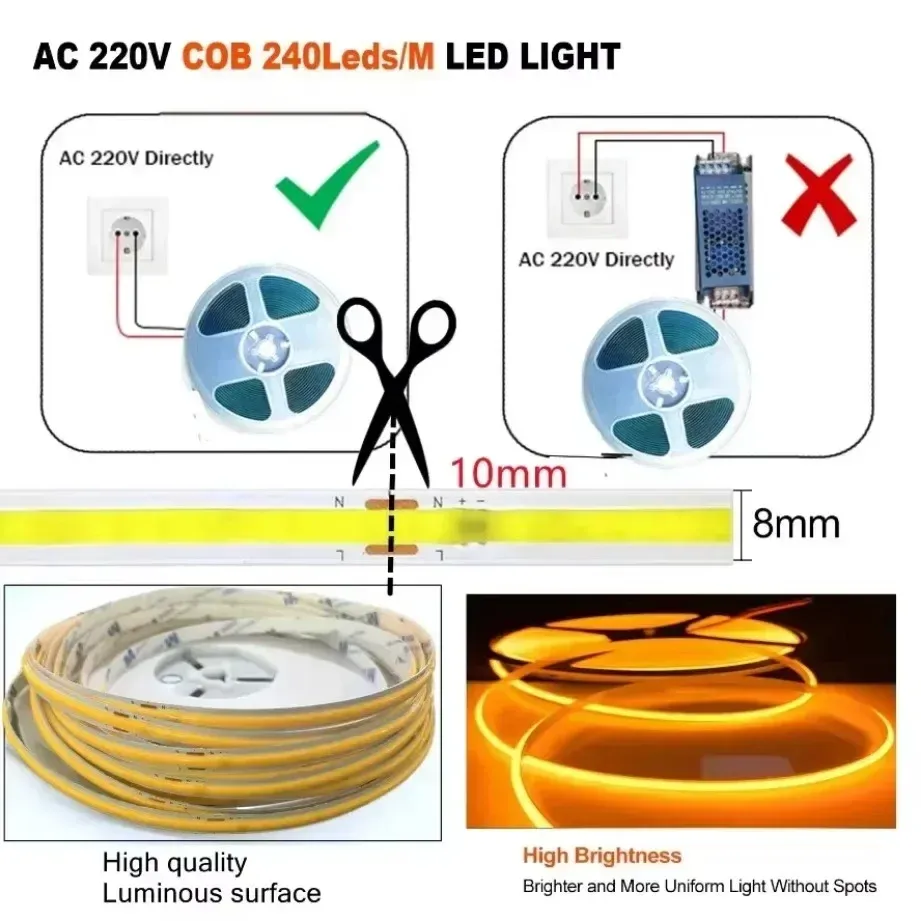 Bande LED COB 220 V à éclairage linéaire, 240 LED/m, IRC 95, longueur 0,5 m à 10 m, ruban flexible avec Smart IC, sans driver, teinte bleu glacier chaud 5