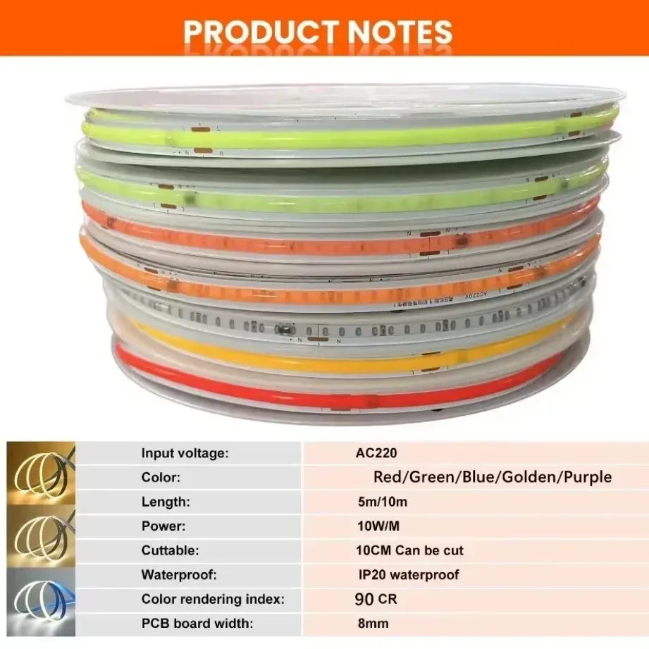 Bande LED COB 220 V à éclairage linéaire, 240 LED/m, IRC 95, longueur 0,5 m à 10 m, ruban flexible avec Smart IC, sans driver, teinte bleu glacier chaud 6