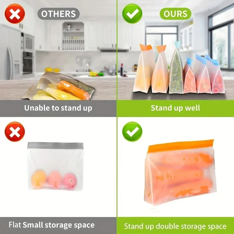 Sac de conservation réutilisable en silicone pour congélateur, debout, étanche, en PEVA, rond, à fermeture éclair 5
