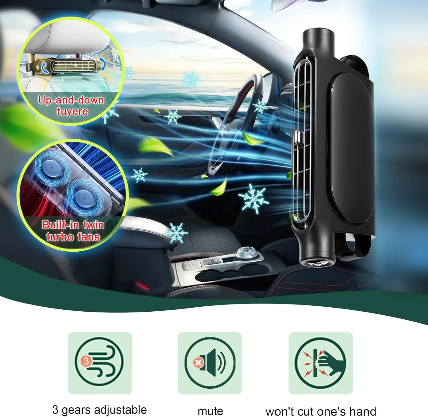 Ventilateur de refroidissement pour siège de voiture à 3 vitesses, USB 5 V, fixation sur appui-tête, pour sièges avant et arrière 3