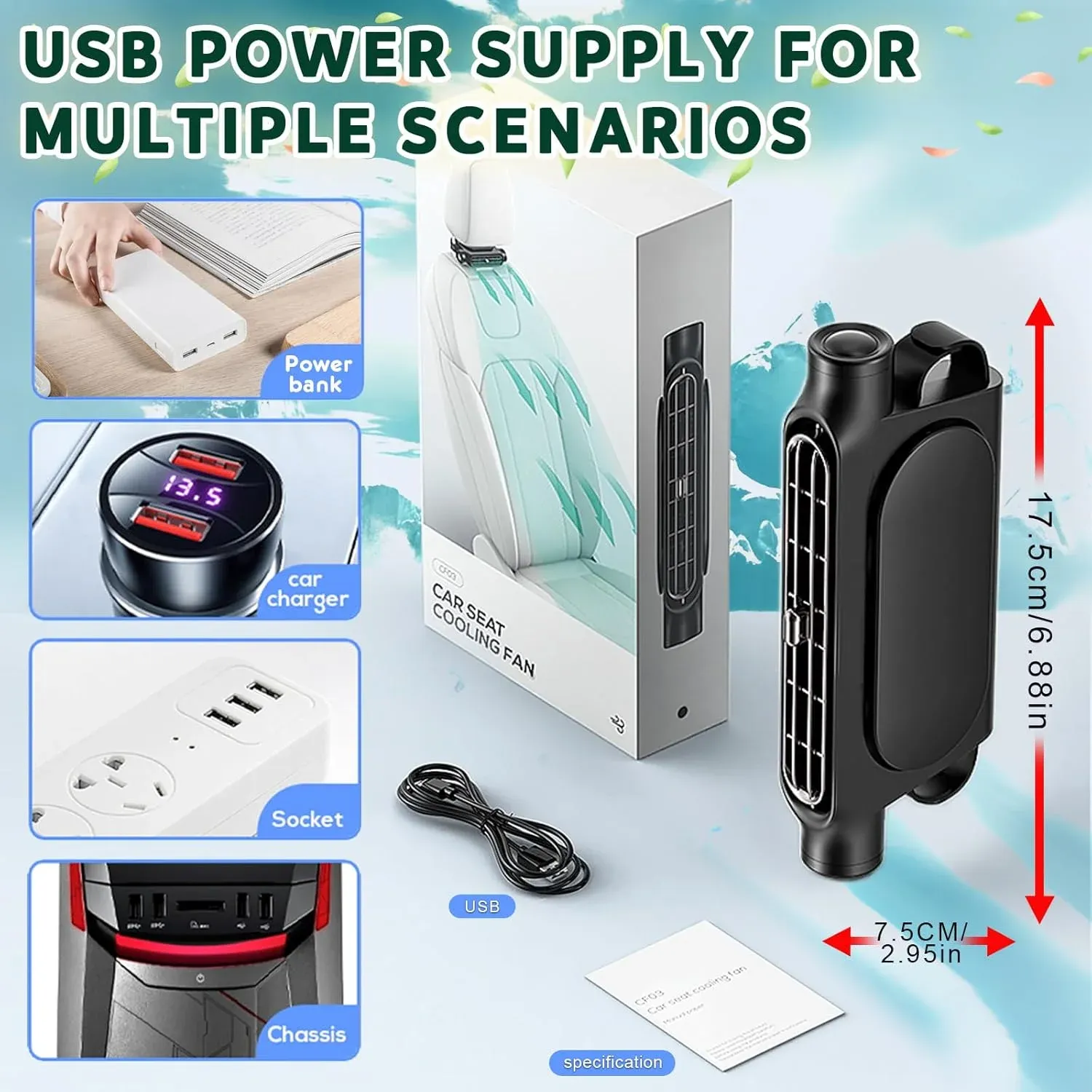 Ventilateur de refroidissement pour siège de voiture à 3 vitesses, USB 5 V, fixation sur appui-tête, pour sièges avant et arrière 6