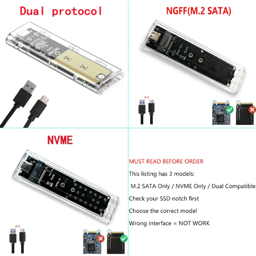 Boîtier SSD M.2 NVMe PCIe NGFF SATA double protocole transparent, USB Type-C, boîtier externe pour disque dur 7
