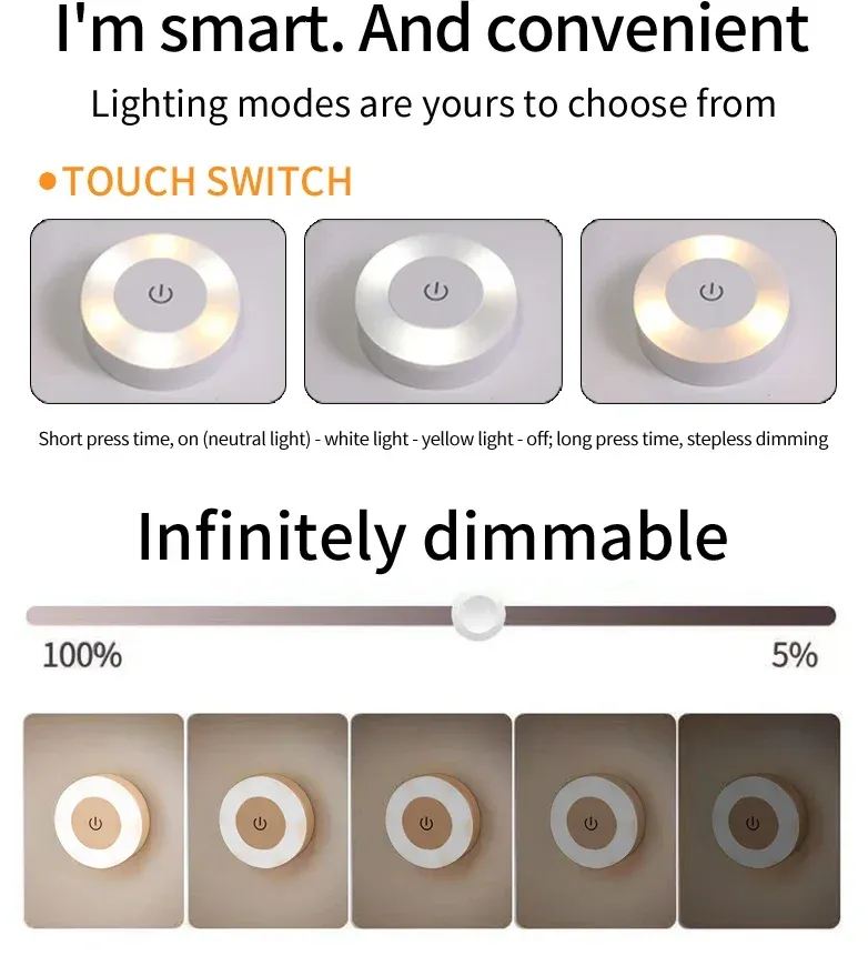 Applique LED rechargeable sans fil avec interrupteur tactile, veilleuse pour armoire, lumière de lecture réglable pour chambre, placard et cuisine 2
