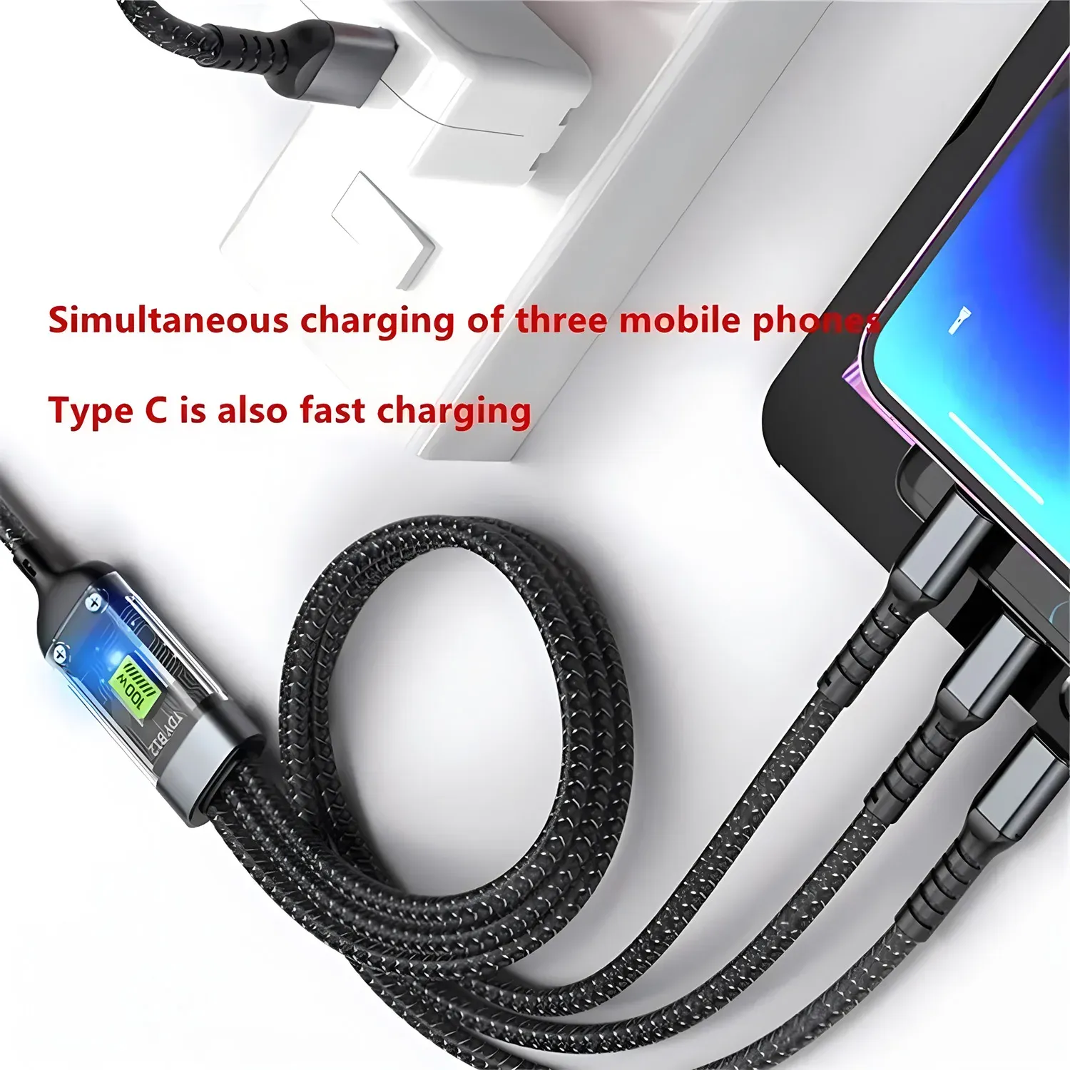 Câble de charge rapide 100 W, câble multi-chargeur en nylon tressé, câble USB universel 3 en 1 avec connecteurs Micro USB et USB-C 4