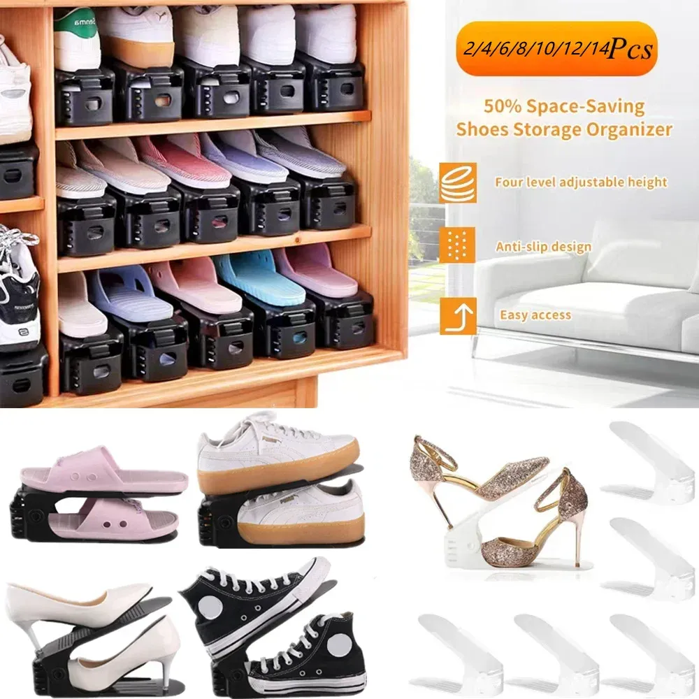 Organisateur à chaussures peu encombrant, étagère réglable de 2 à 14 paires, étagère double couche pour placard, blanc et noir