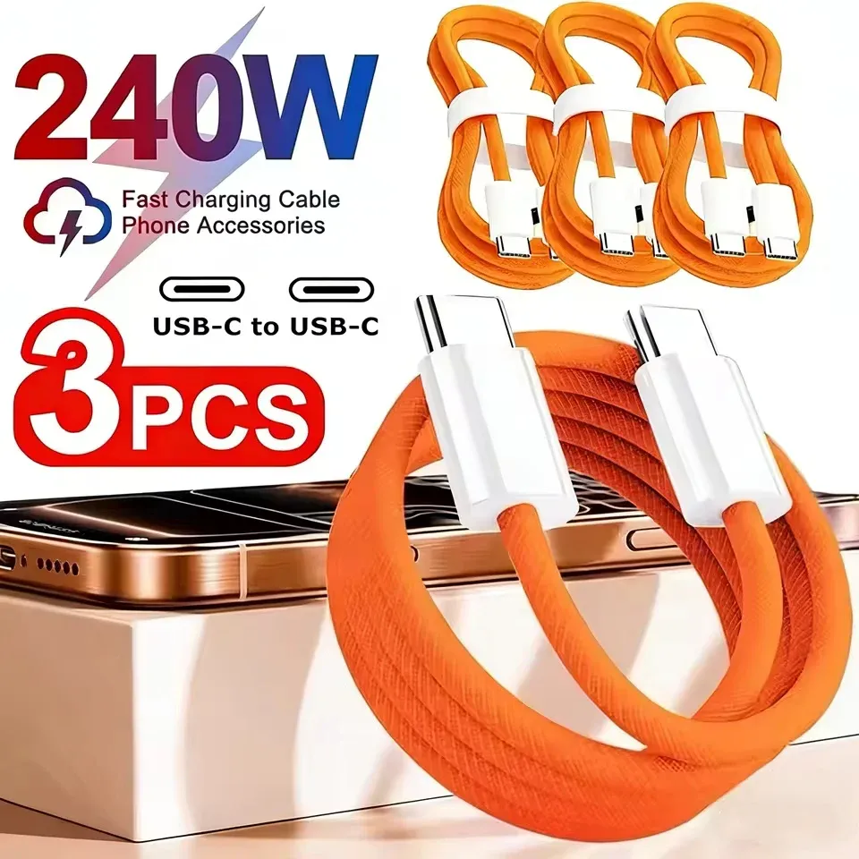 Lot de 3 câbles USB-C vers USB-C 240 W à charge rapide, compatibles iPhone 15, 16 et 17, Samsung, Huawei et Xiaomi