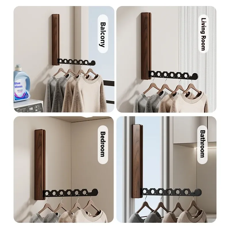 Cintre en bois pliable avec support mural et organisateur de vêtements invisible pour un gain de place optimal 2