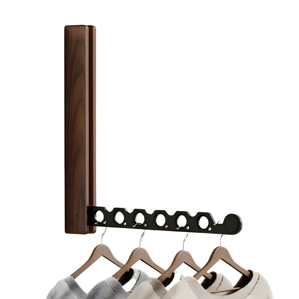 Cintre en bois pliable avec support mural et organisateur de vêtements invisible pour un gain de place optimal 6