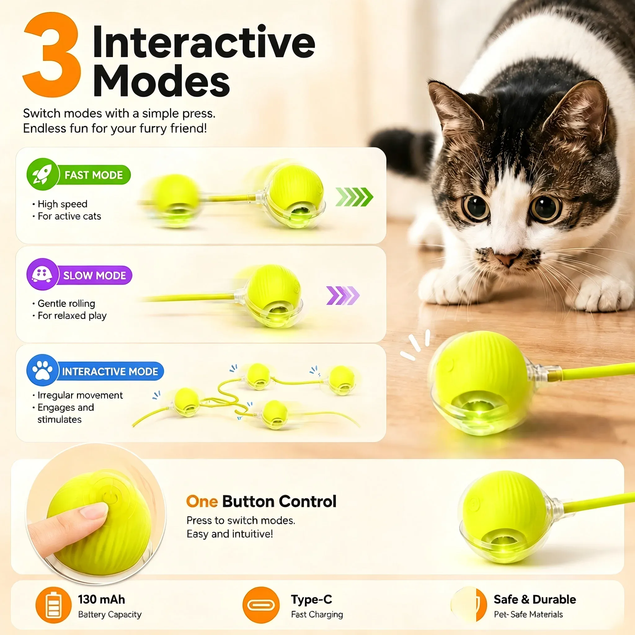 Jouet interactif intelligent pour chat : balle auto-roulante anti-obstacles à vitesse réglable avec corde élastique 3