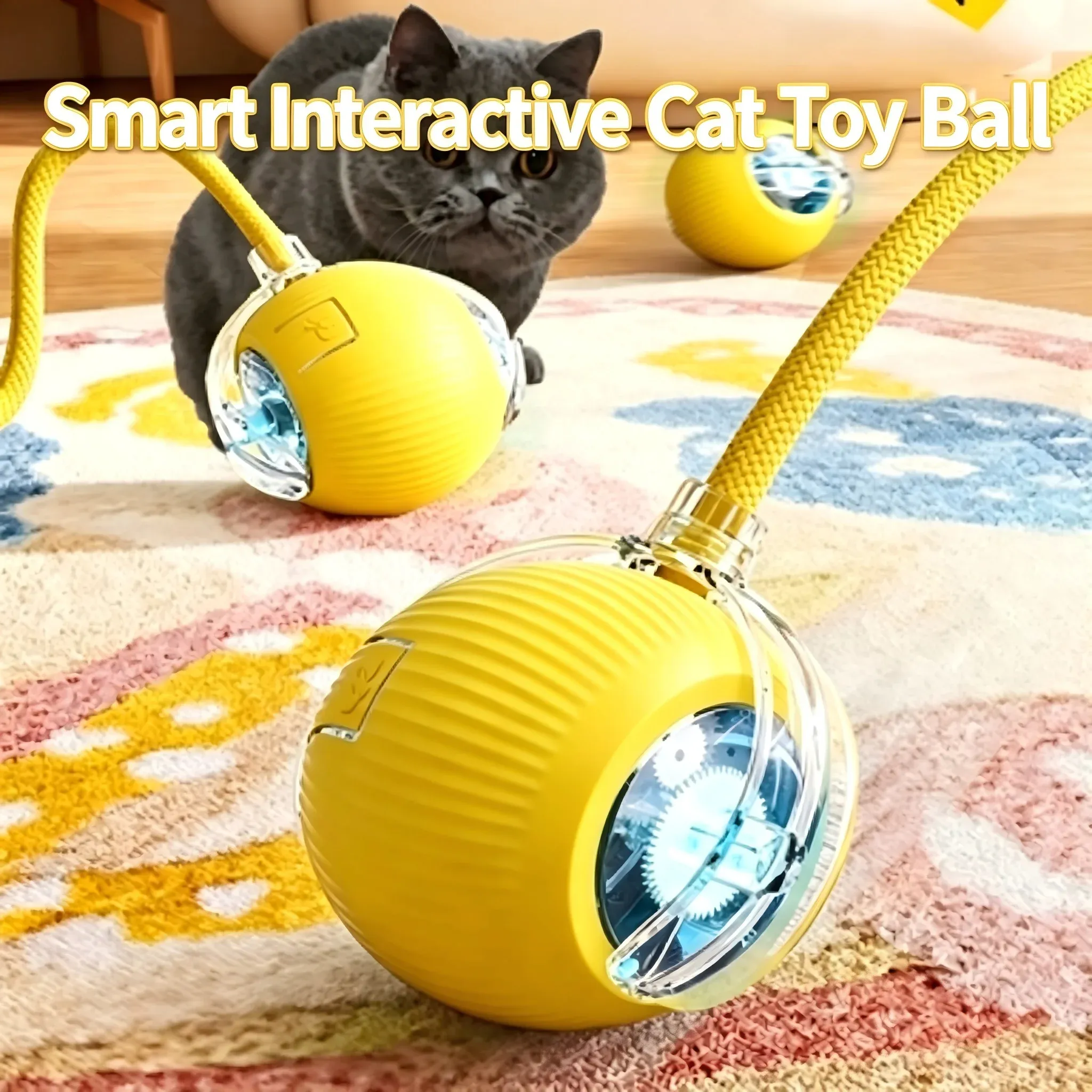 Jouet interactif intelligent pour chat : balle auto-roulante anti-obstacles à vitesse réglable avec corde élastique