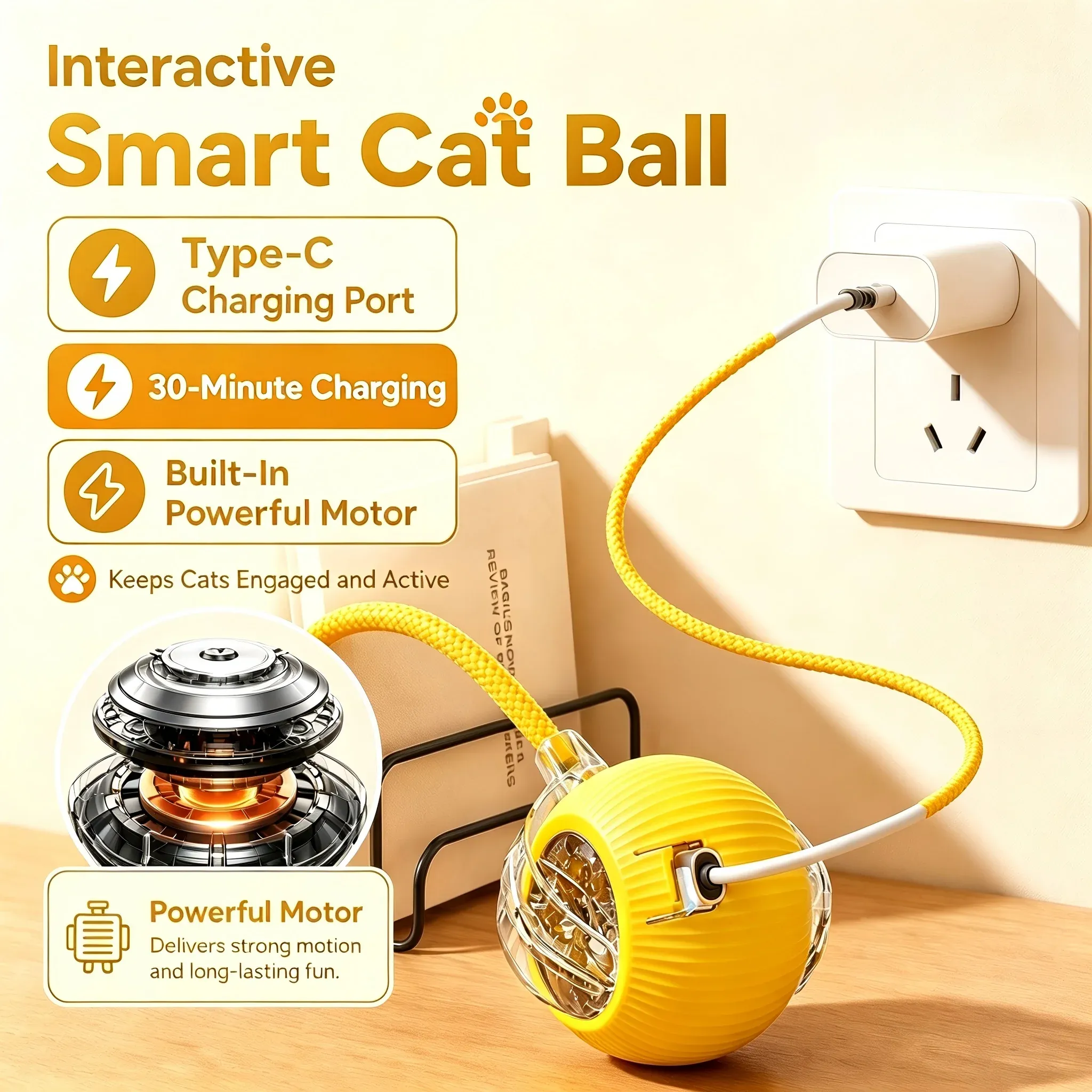 Jouet interactif intelligent pour chat : balle auto-roulante anti-obstacles à vitesse réglable avec corde élastique 4