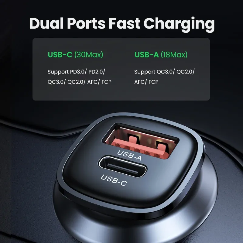 UGREEN Chargeur de voiture USB-C 30 W Power Delivery, compatible QC 3.0 et SCP, pour iPhone 12/13/14 et Xiaomi 2