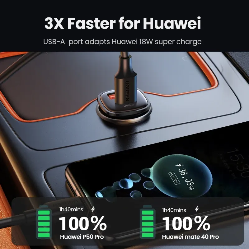 UGREEN Chargeur de voiture USB-C 30 W Power Delivery, compatible QC 3.0 et SCP, pour iPhone 12/13/14 et Xiaomi 4