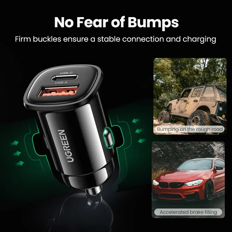 UGREEN Chargeur de voiture USB-C 30 W Power Delivery, compatible QC 3.0 et SCP, pour iPhone 12/13/14 et Xiaomi 5