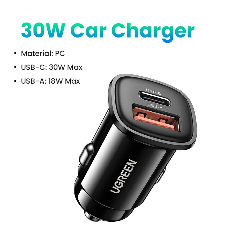 UGREEN Chargeur de voiture USB-C 30 W Power Delivery, compatible QC 3.0 et SCP, pour iPhone 12/13/14 et Xiaomi 7