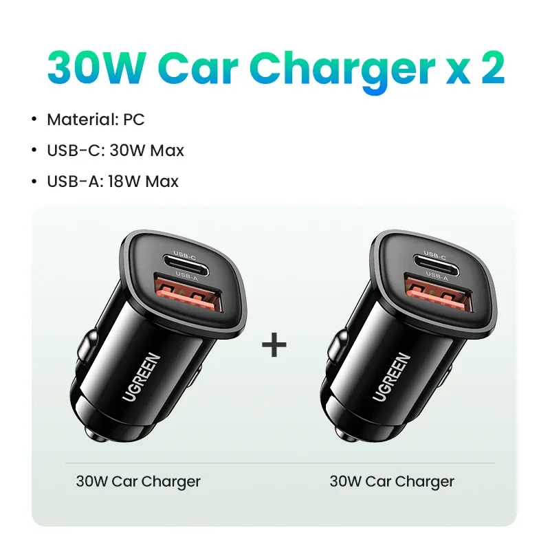 UGREEN Chargeur de voiture USB-C 30 W Power Delivery, compatible QC 3.0 et SCP, pour iPhone 12/13/14 et Xiaomi 8