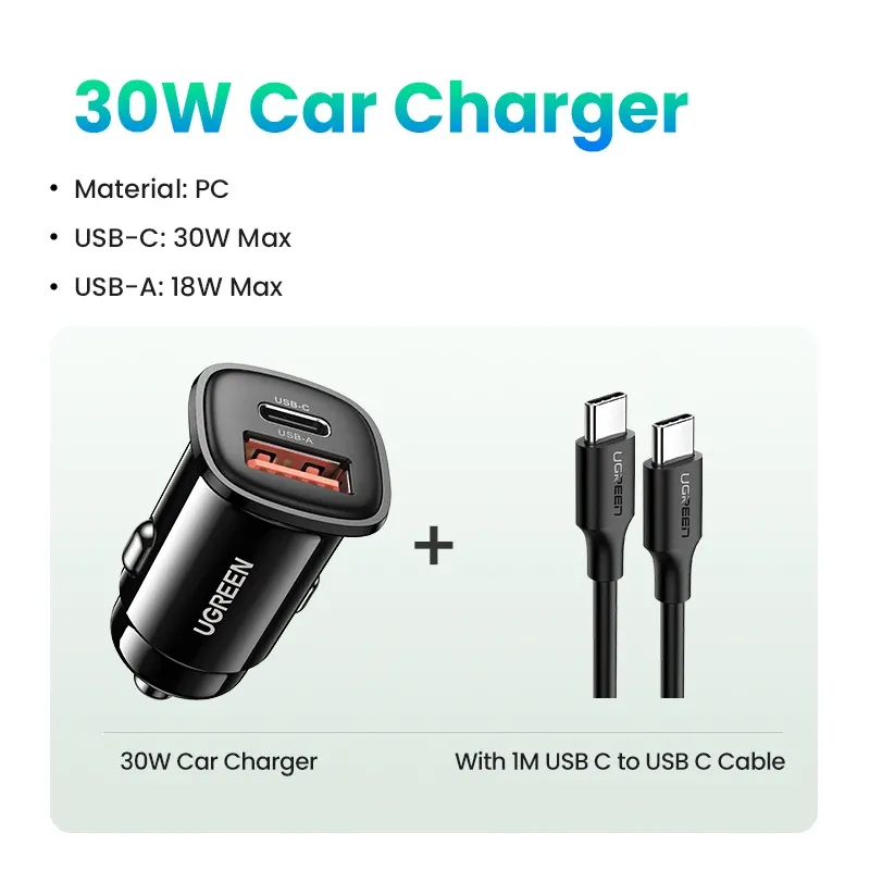 UGREEN Chargeur de voiture USB-C 30 W Power Delivery, compatible QC 3.0 et SCP, pour iPhone 12/13/14 et Xiaomi 10