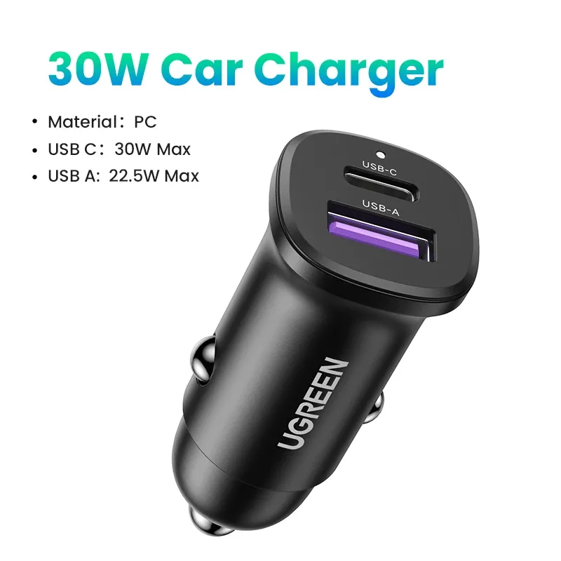 UGREEN Chargeur de voiture USB-C 30 W Power Delivery, compatible QC 3.0 et SCP, pour iPhone 12/13/14 et Xiaomi 9