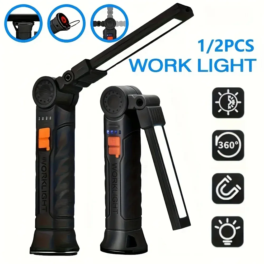 Lampe de poche LED COB portable, lampe de travail rechargeable avec lanterne magnétique, lampe suspendue à batterie intégrée, torche de camping