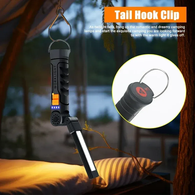 Lampe de poche LED COB portable, lampe de travail rechargeable avec lanterne magnétique, lampe suspendue à batterie intégrée, torche de camping 3