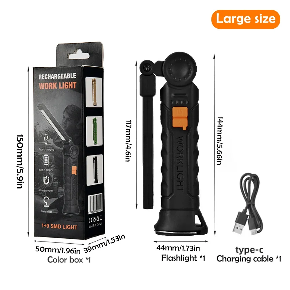 Lampe de poche LED COB portable, lampe de travail rechargeable avec lanterne magnétique, lampe suspendue à batterie intégrée, torche de camping 15
