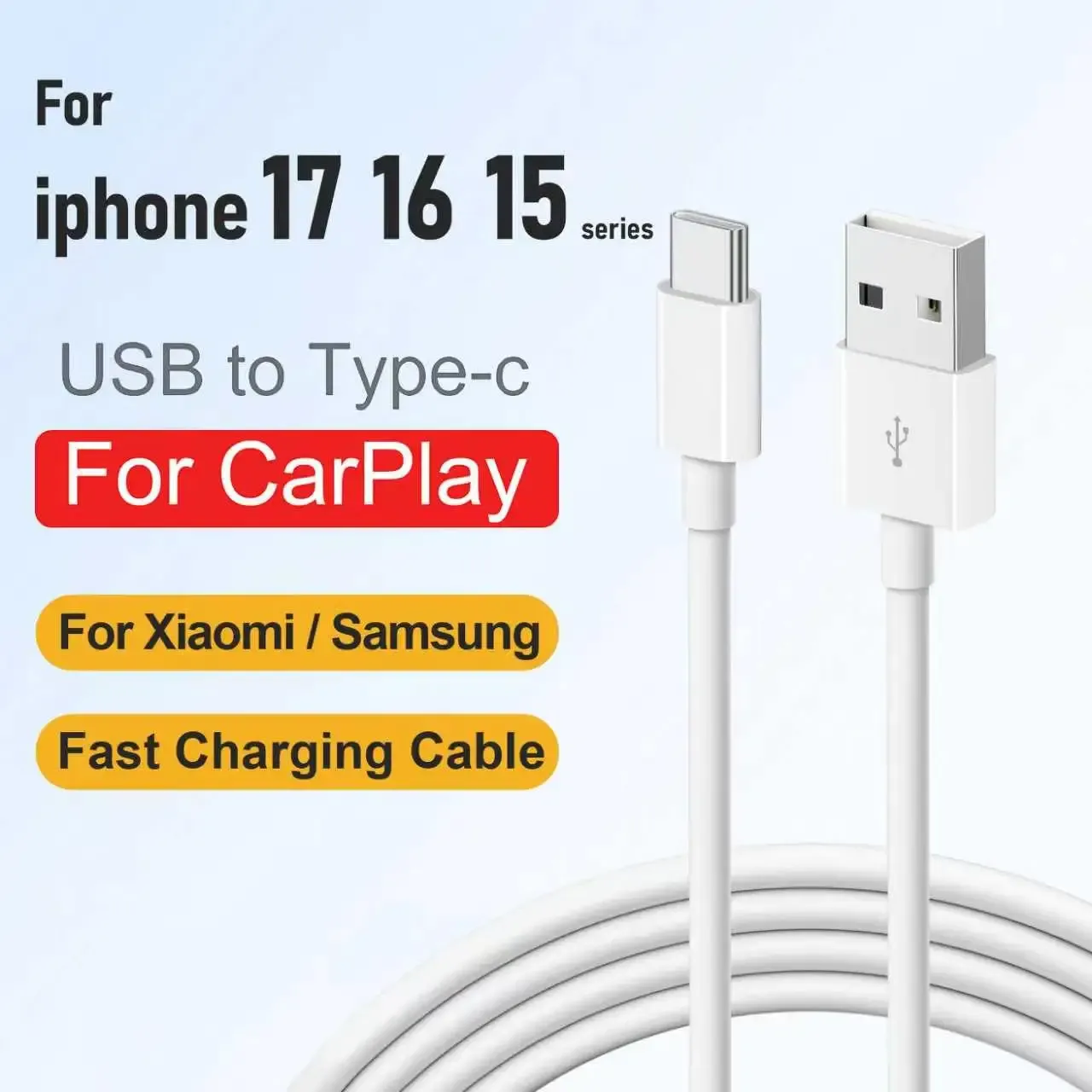 Câble de charge rapide USB vers USB-C pour iPhone 17 Pro Max, iPhone 16 Plus, iPhone 15, Samsung, Xiaomi et OnePlus – Transfert de données et charge