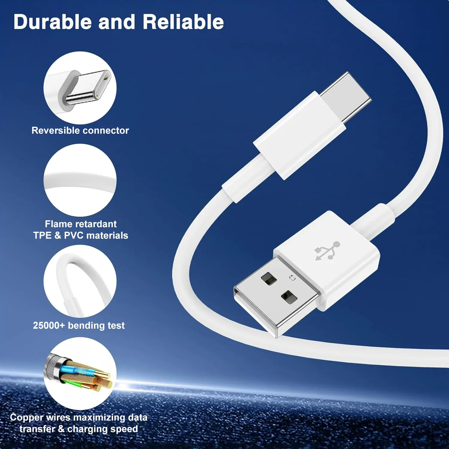 Câble de charge rapide USB vers USB-C pour iPhone 17 Pro Max, iPhone 16 Plus, iPhone 15, Samsung, Xiaomi et OnePlus – Transfert de données et charge 3