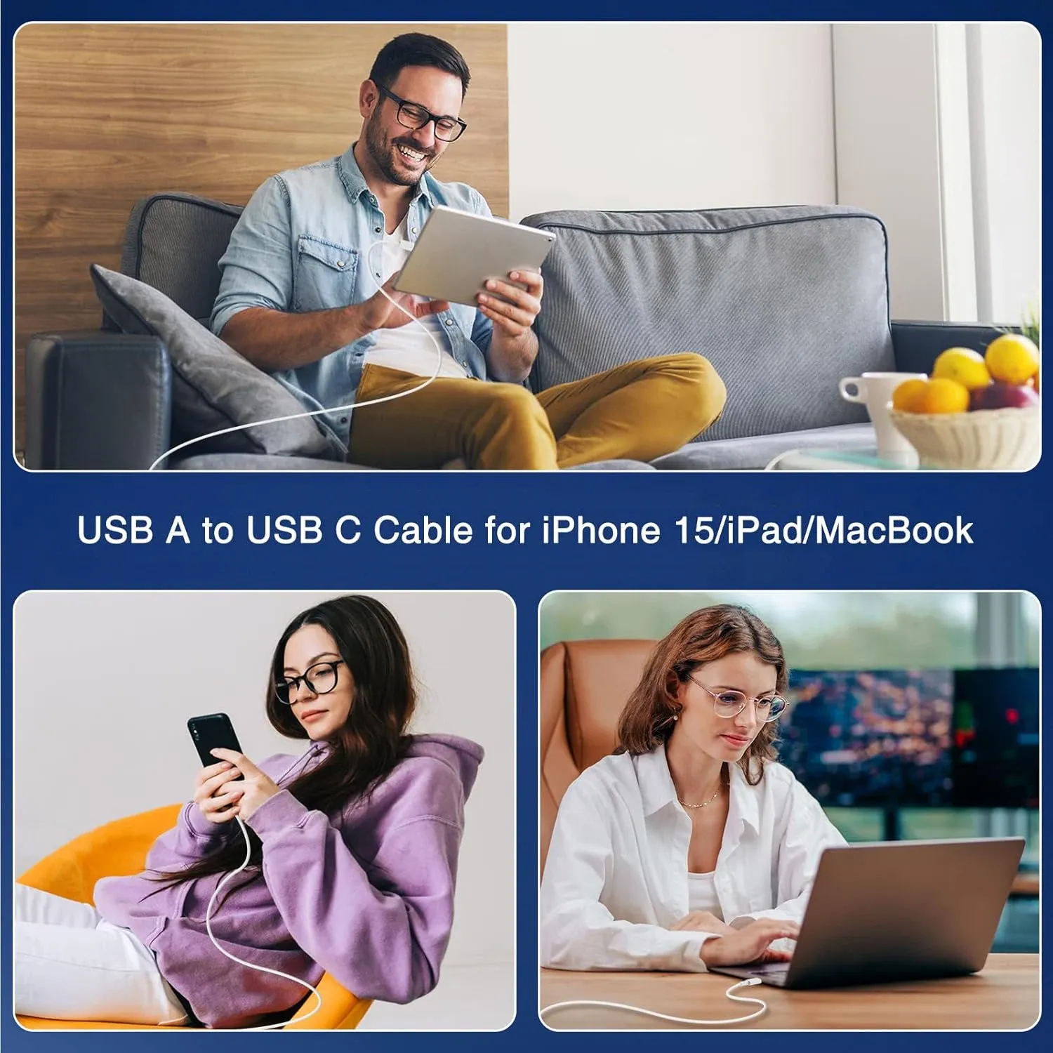 Câble de charge rapide USB vers USB-C pour iPhone 17 Pro Max, iPhone 16 Plus, iPhone 15, Samsung, Xiaomi et OnePlus – Transfert de données et charge 5