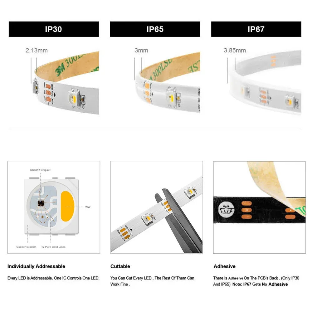 Bande LED adressable SK6812 RGBW 5 V, 4 en 1, IP30/IP65/IP67 4