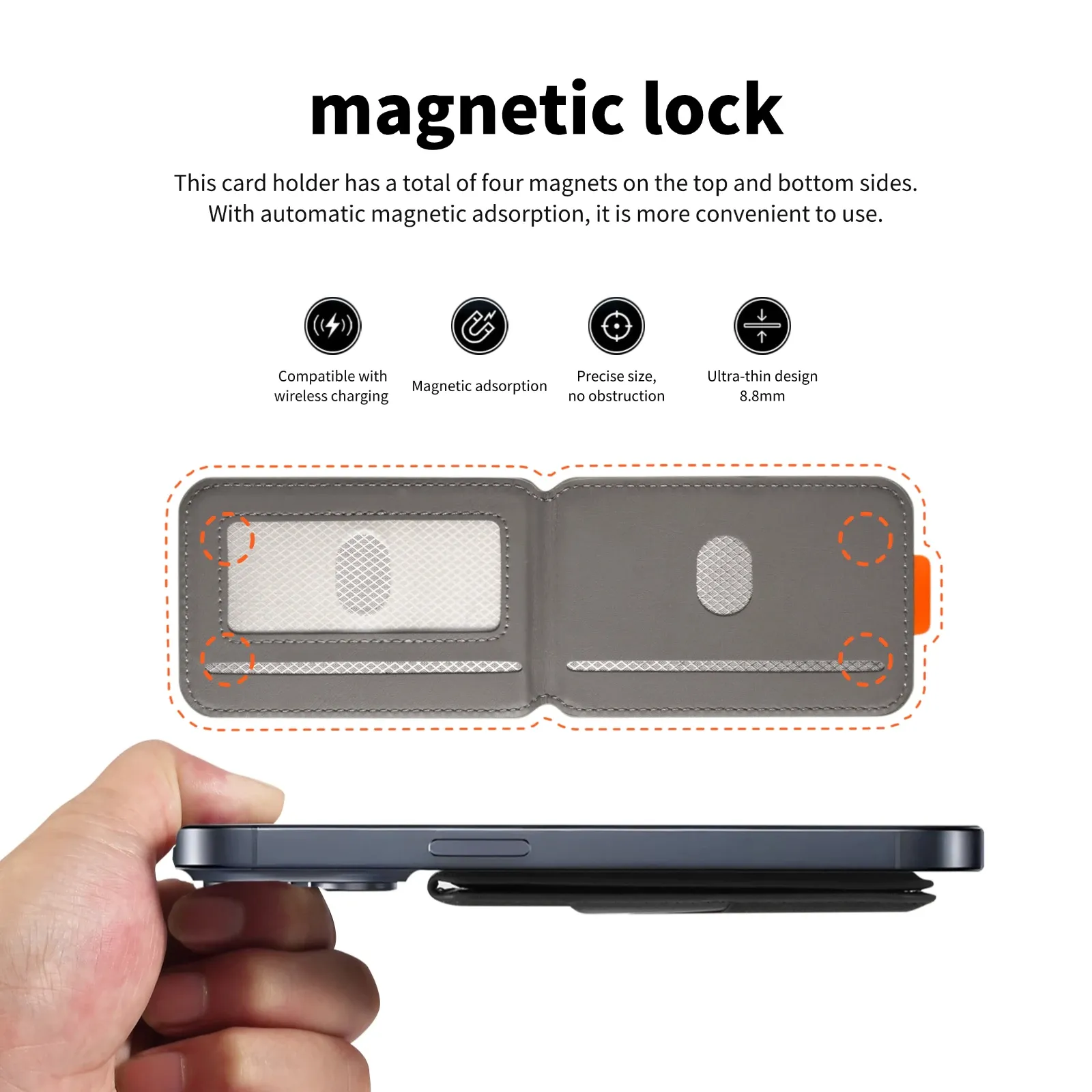 Porte-cartes magnétique en cuir PU avec protection anti-RFID, compatible smartphones à chargement sans fil magnétique 2