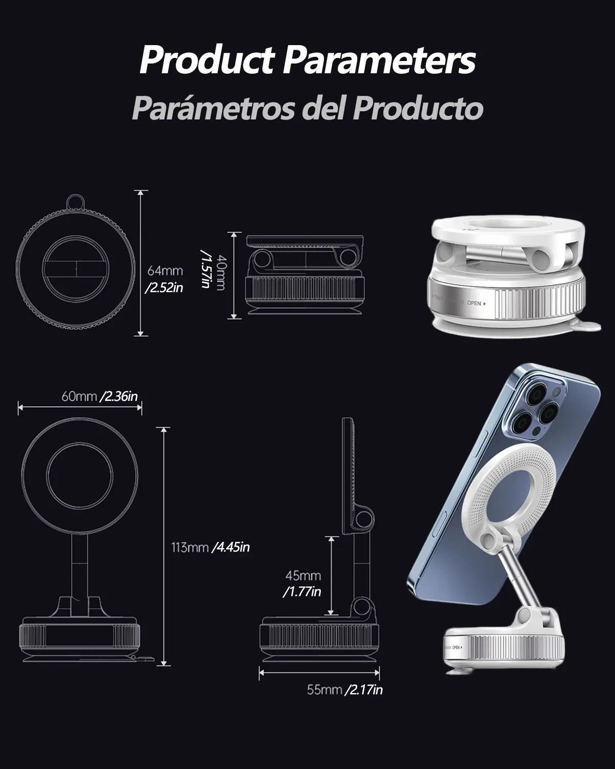 Support de téléphone magnétique puissant pour voiture K007/K009, design pliable à 360 °, support à ventouse réglable pour voiture, bureau, salle de bain, usage universel 6