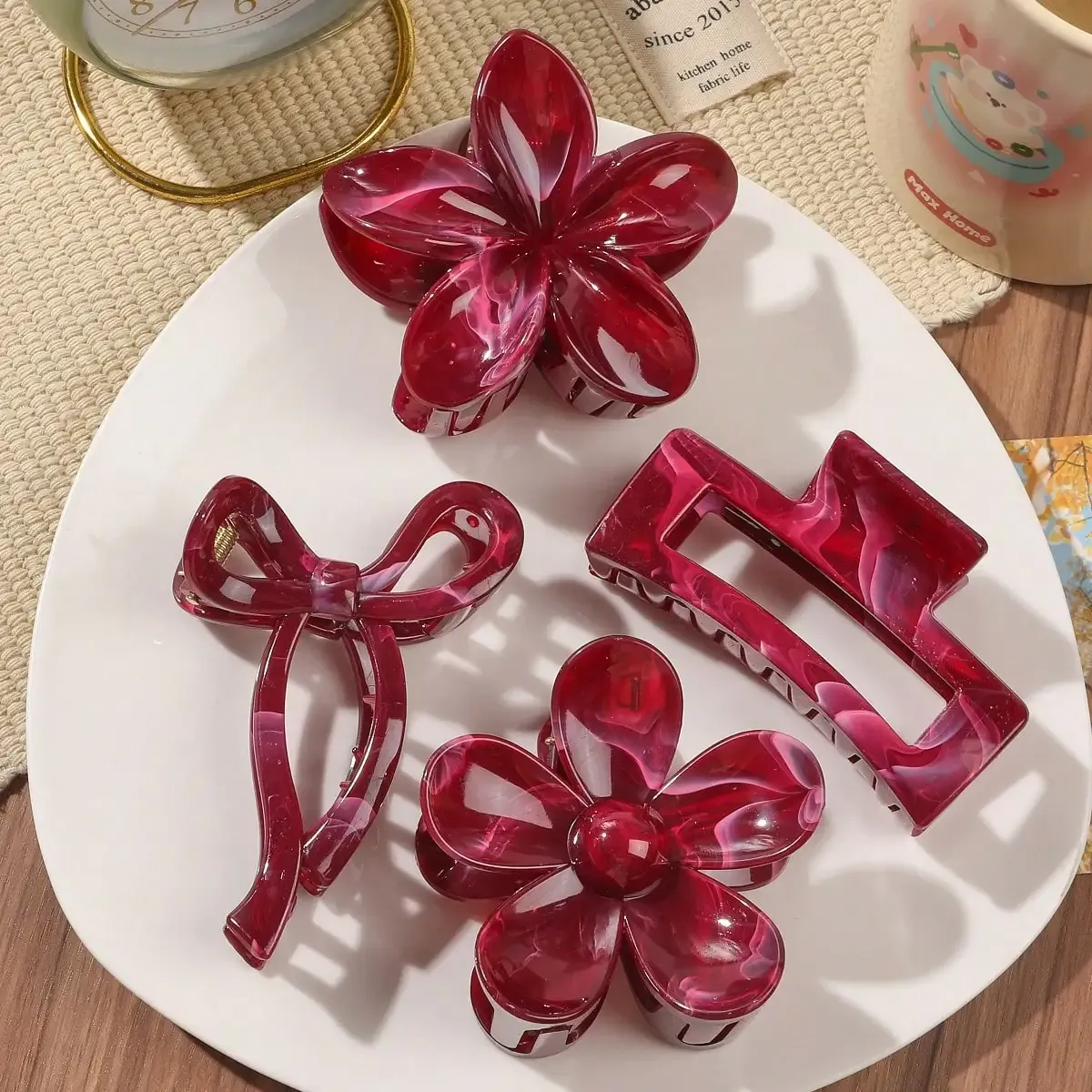 Pinces à cheveux à fleurs carrées pour femmes, lot de 4, automne-hiver, nœud bordeaux, accessoires à cheveux à la mode, épingle à cheveux