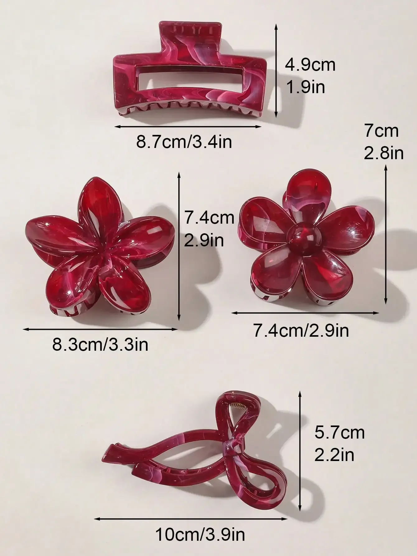 Pinces à cheveux à fleurs carrées pour femmes, lot de 4, automne-hiver, nœud bordeaux, accessoires à cheveux à la mode, épingle à cheveux 6