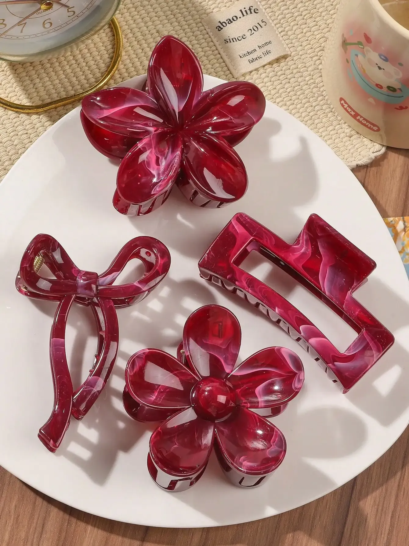 Pinces à cheveux à fleurs carrées pour femmes, lot de 4, automne-hiver, nœud bordeaux, accessoires à cheveux à la mode, épingle à cheveux 9