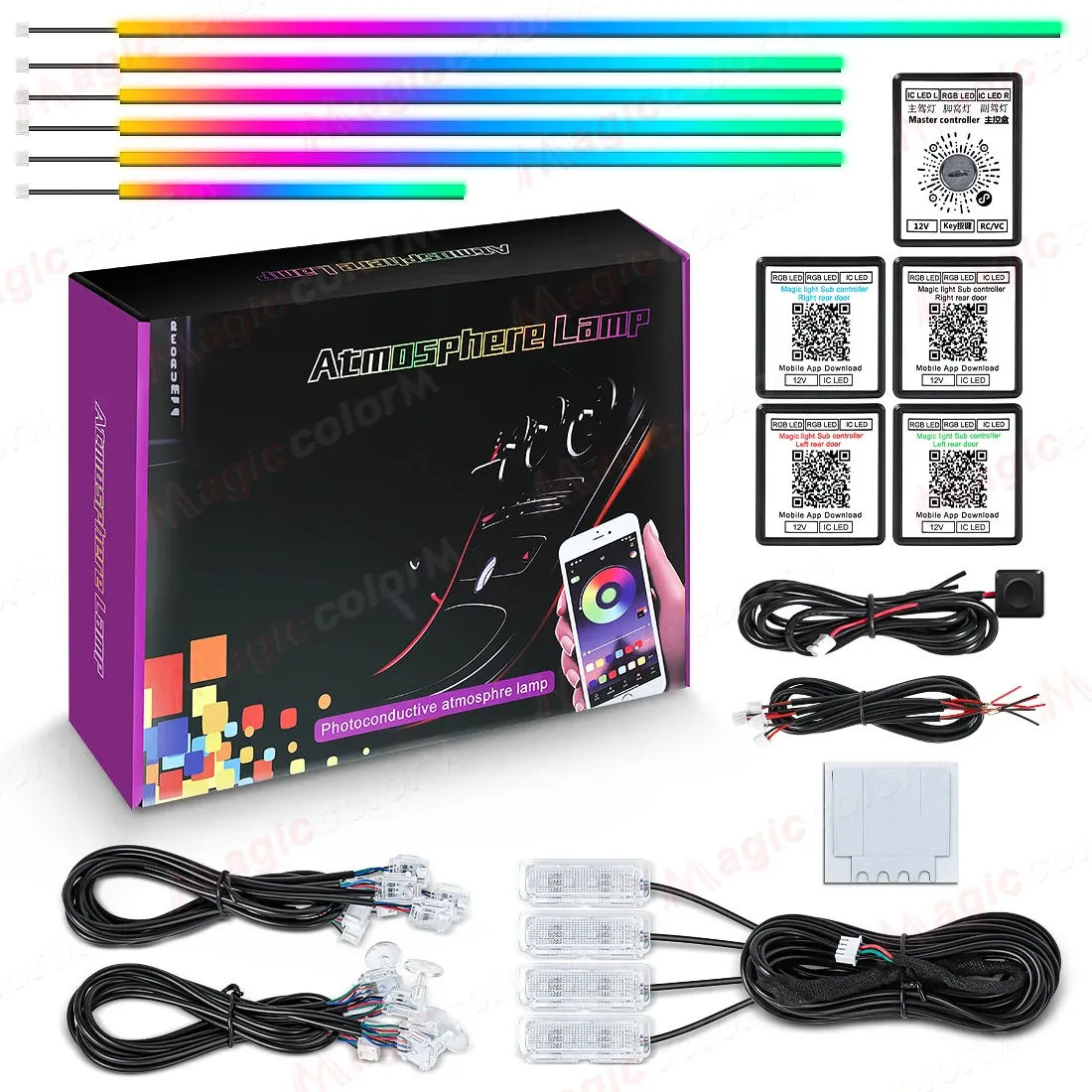 Kit de lumières d'ambiance LED 18 en 1 pour voiture, 64 couleurs RGB, contrôle Bluetooth