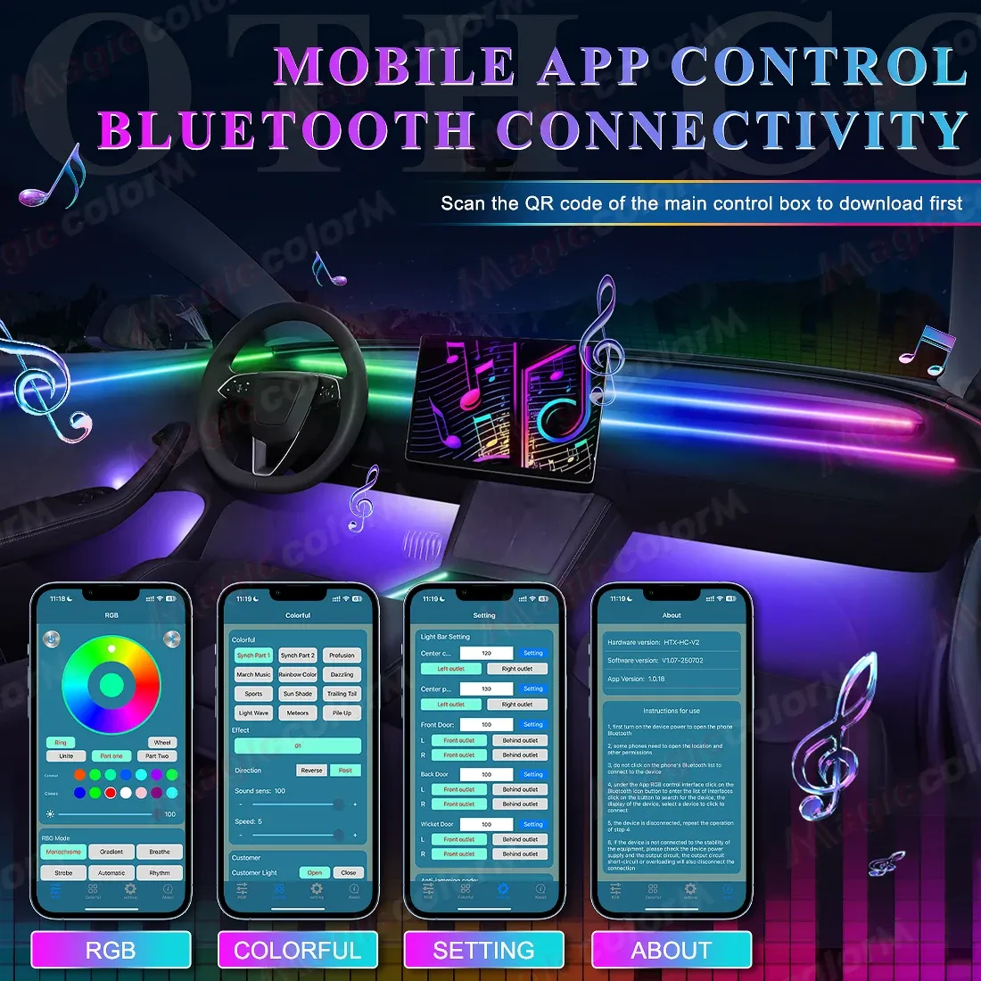 Kit de lumières d'ambiance LED 18 en 1 pour voiture, 64 couleurs RGB, contrôle Bluetooth 6