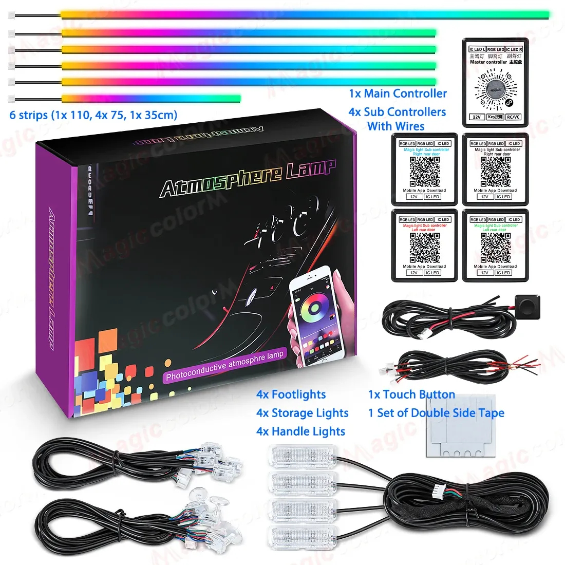 Kit de lumières d'ambiance LED 18 en 1 pour voiture, 64 couleurs RGB, contrôle Bluetooth 7