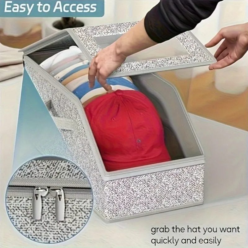 Boîte de rangement pour casquettes de baseball anti-poussière, 1 pièce, organisateur de placard pliable en tissu avec fermeture éclair, conteneur empilable pour chapeaux, vêtements et poupées 5