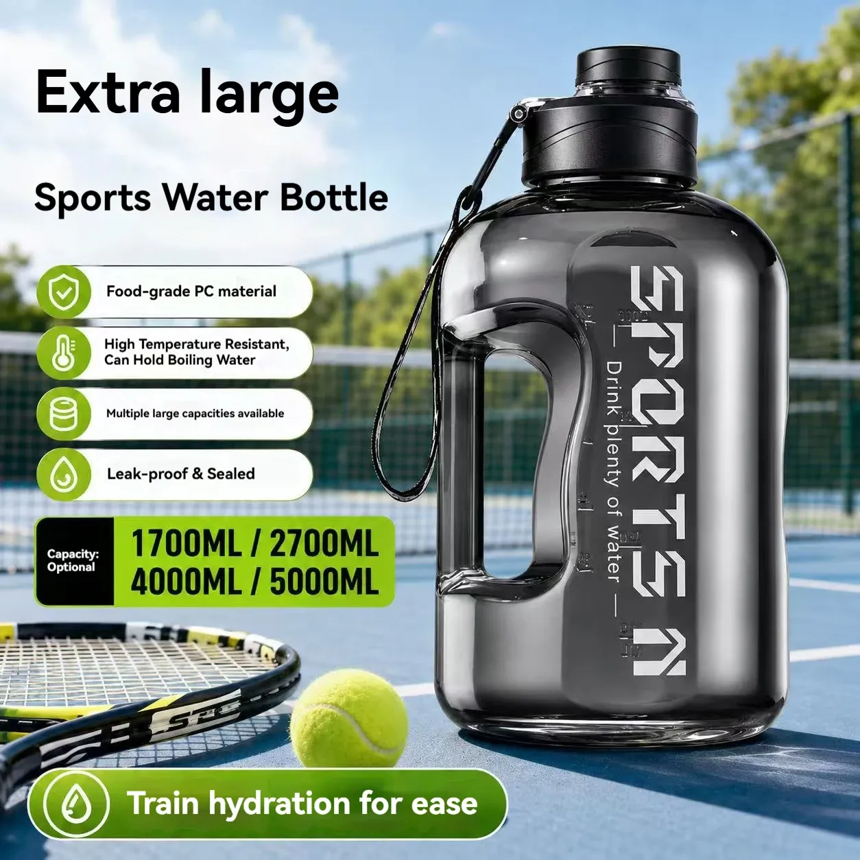 Bouteille d'eau de sport 1,7 L / 2,7 L / 4 L / 5 L, grande capacité et portable, pour salle de sport, cyclisme et camping, idéale pour le fitness 2