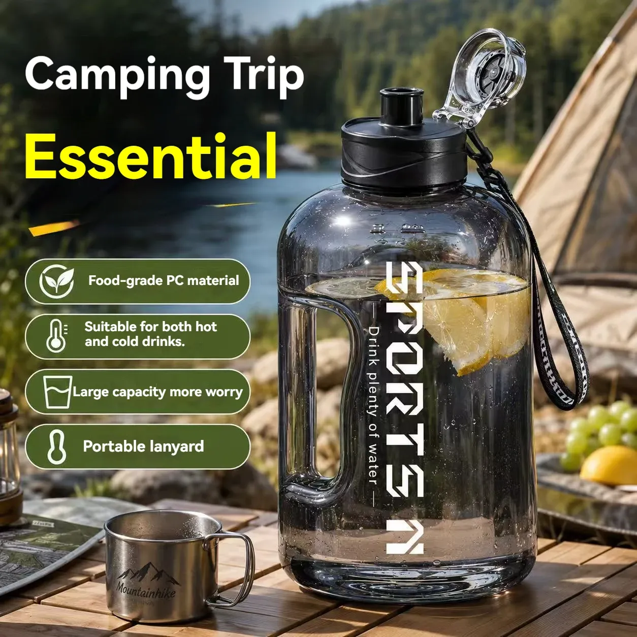 Bouteille d'eau de sport 1,7 L / 2,7 L / 4 L / 5 L, grande capacité et portable, pour salle de sport, cyclisme et camping, idéale pour le fitness 5