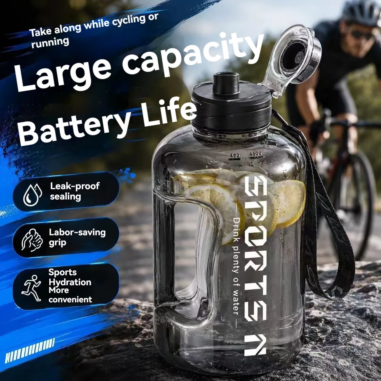 Bouteille d'eau de sport 1,7 L / 2,7 L / 4 L / 5 L, grande capacité et portable, pour salle de sport, cyclisme et camping, idéale pour le fitness 6
