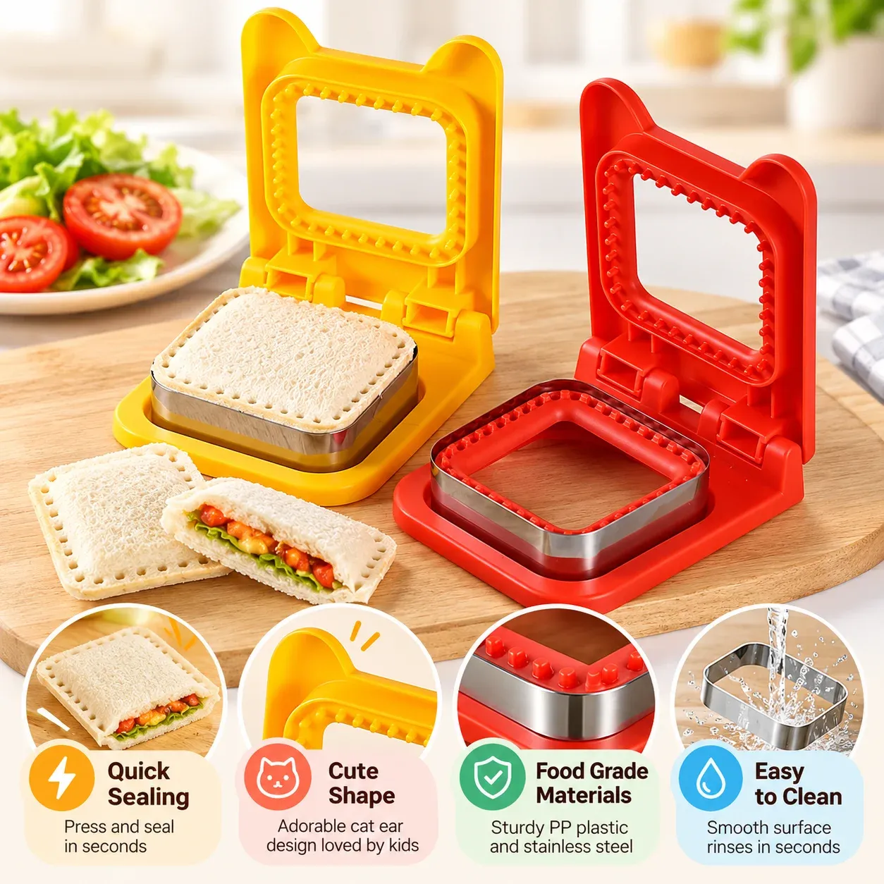 Moule 2 en 1 de qualité alimentaire pour découper et sceller sandwichs, pains carrés, pâtisseries, biscuits et bento 5